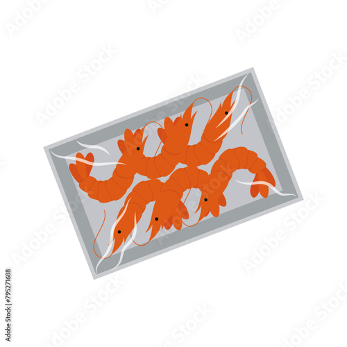 Fresh raw shrimps packaging, food plastic tray container with transparent cellophane cover vector