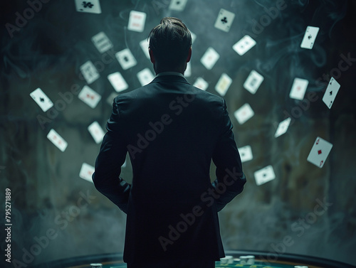 A solitary businessman amidst the stark lines of a minimalist casino turns playing cards with precision each flip a step closer to winning. Generative ai. photo