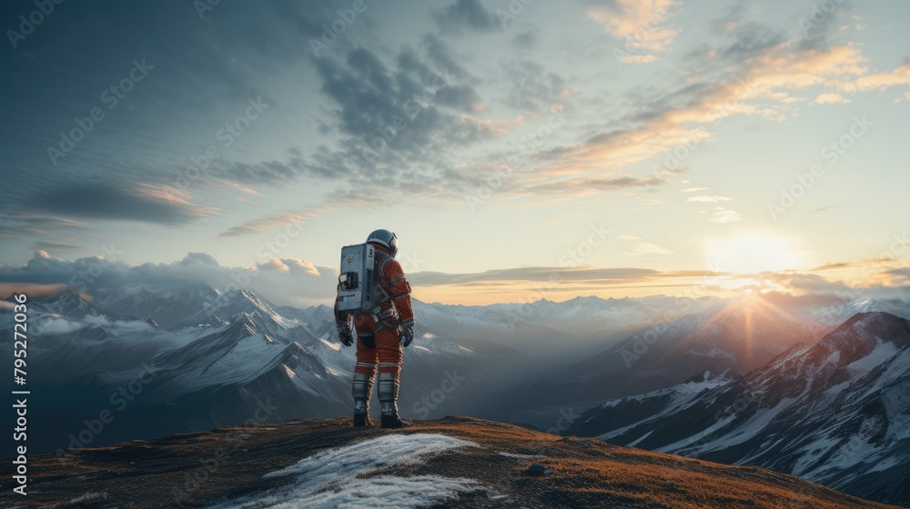 Astronaut exploring an exoplanet. Sci-fi colonist in spacesuit walks on the surface of another planet. People in space. The concept of galactic travel and science. Astronaut exploring an exoplanet. Sci-fi colonist in spacesuit walks on the surface of another planet. People in space. The concept of galactic travel and science.