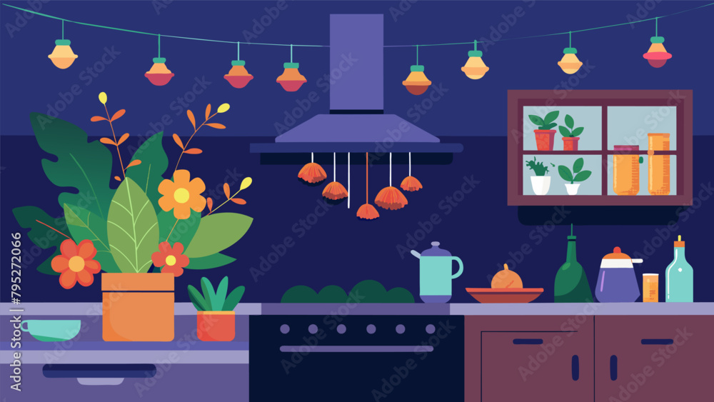 A cozy kitchen adorned with strings of fairy lights and a colorful bouquet of fresh herbs ready for a first cooking together day.