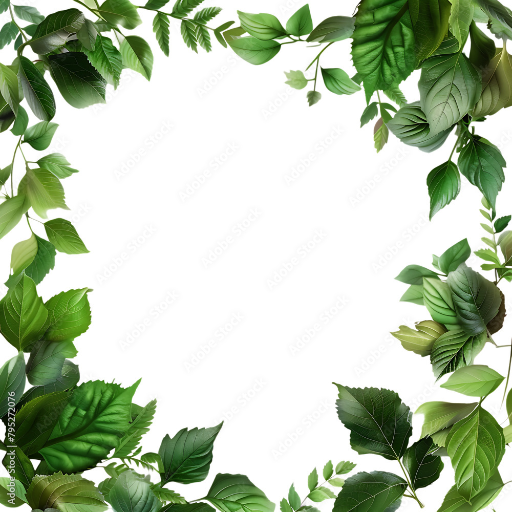 A photo of green leaves forming the shape of a circle frame on a white background