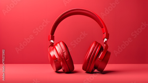 A pair of red headphones on a red surface. Facing the camera, and appear to be the main focus of the image