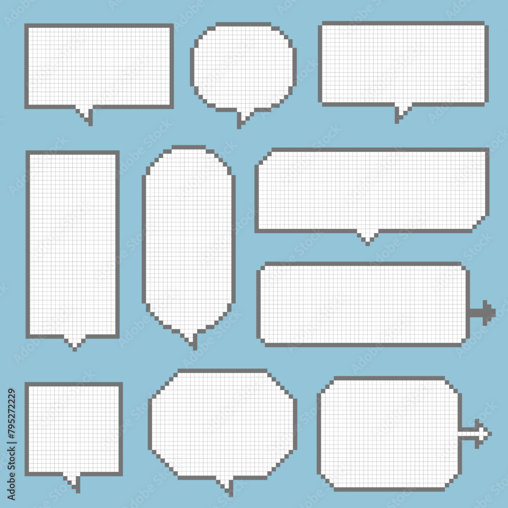 collection set of retro game 8bit pixel speech bubble balloon black and white color, flat design vector illustration collection set of retro game 8bit pixel speech bubble balloon black and white color, flat design vector illustration