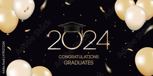 2024 Graduation banner with graduation cap and flying balloons