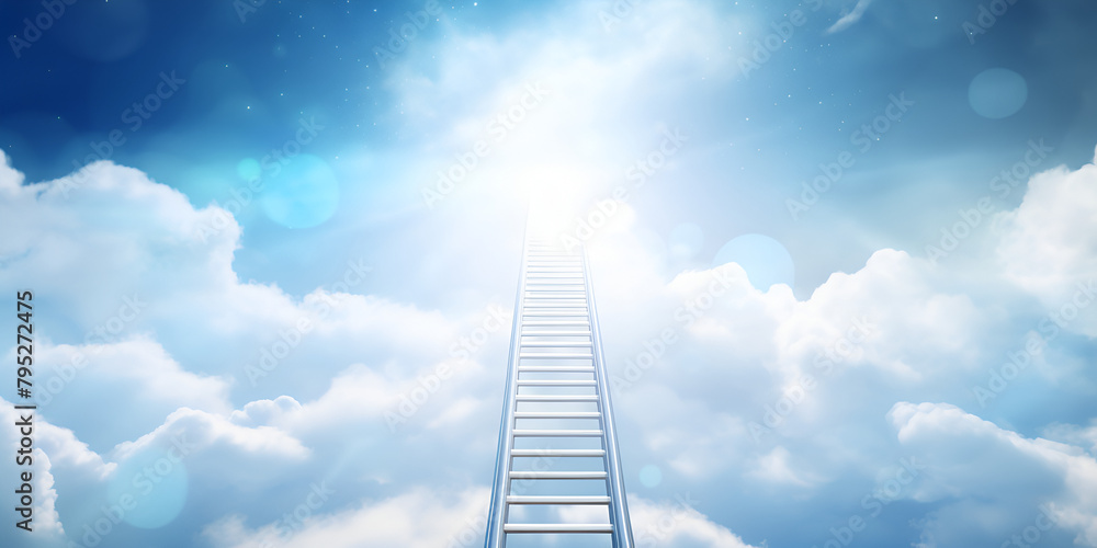 Wooden ladder reaching towards sky, symbolizing success with the sunny day in the background 