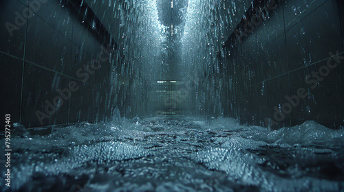 A dark, wet tunnel with water dripping from the ceiling. The water is murky and the tunnel is dimly lit photo