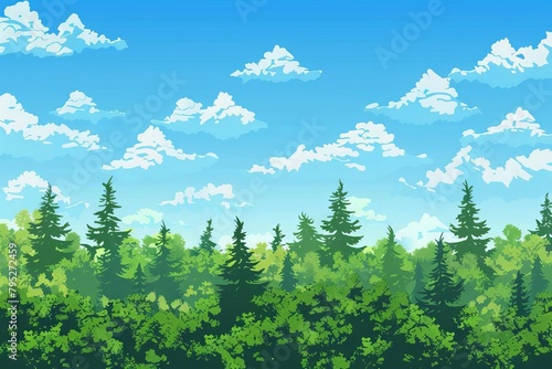 seamless green forest and clear blue sky background natural landscape pattern