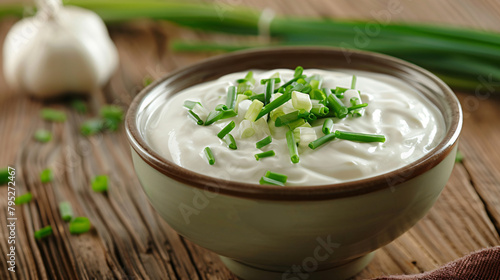 Bowl of tasty sour cream with green onion on table 