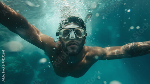 Closeup Of A Man Diving Underwater, Capturing The Dynamic Motion And Aquatic Environment, Ideal For Sports And Adventure Themes