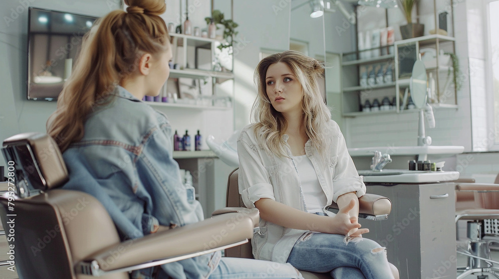 Client Sits In The Beauty Salon And Talks To The Beautician, Discussing Hairstyle Preferences And Desired Look For A Special Occasion Client Sits In The Beauty Salon And Talks To The Beautician, Discussing Hairstyle Preferences And Desired Look For A Special Occasion