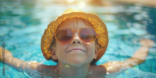 Child in swimming pool. Having fun on vacation at the hotel pool. Colorful vacation concept © vadymstock