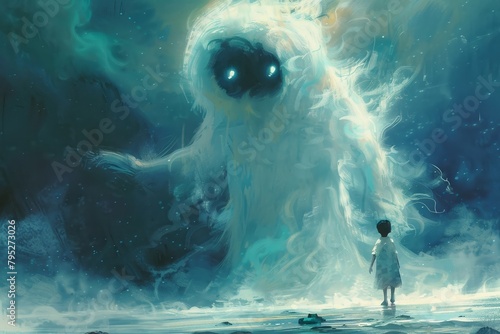 A massive spirit materialized from an alternate reality and extended its hand towards the young kid, showcasing a digital artwork approach in painting. photo