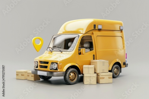 Yellow delivery van with boxes next to it, concept of delivery, logistics, transportation.