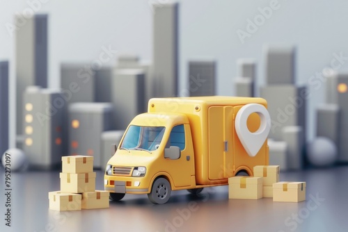 Yellow delivery van with boxes next to it, concept of delivery, logistics, transportation.