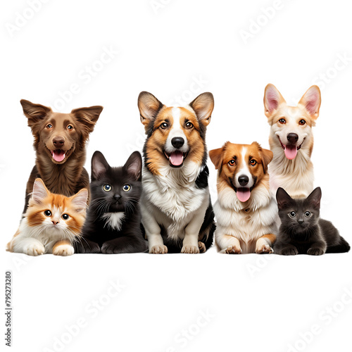 A group of dogs and cats sitting together, smiling at the camera isolated on white background photo realistic , high resolution product photography