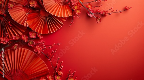 Chinese New Year Banner  Abstract Art with Oriental Dragon and folding paper fans on red background. Lunar New Year Celebration Card Design