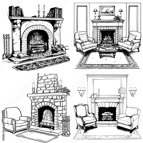 Four vector drawings of a fireplace in a living room