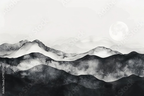 serene moonlit mountains minimalist black and white watercolor landscape illustration