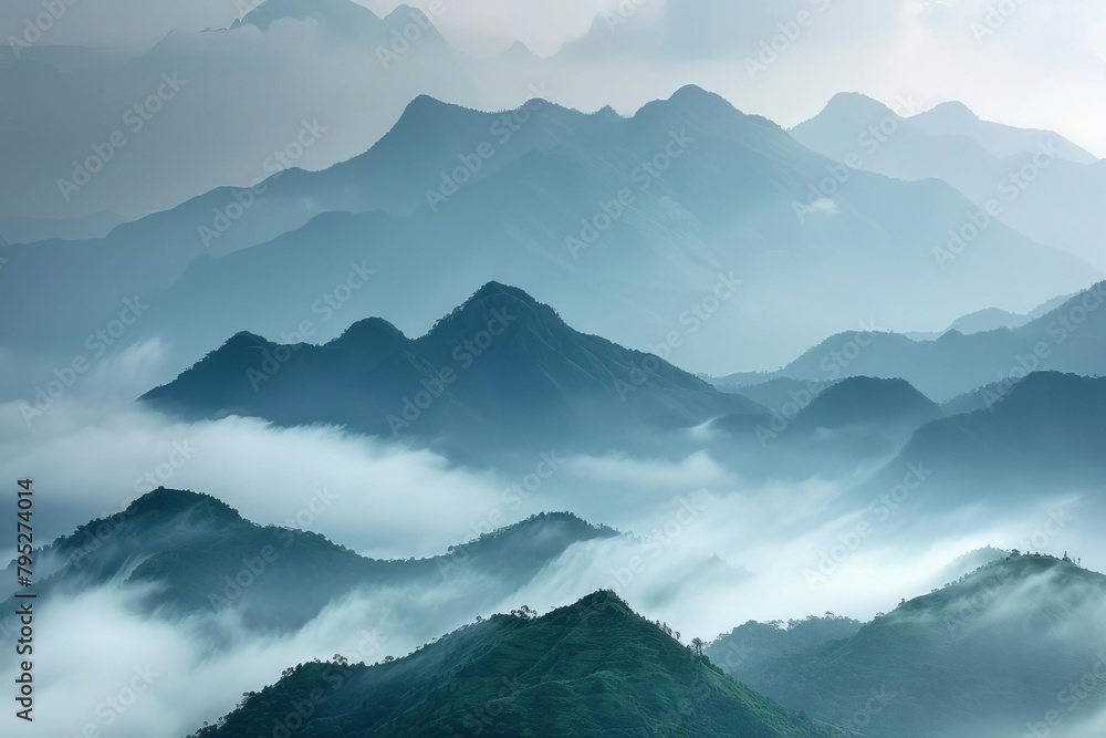 serene mountain peaks emerging through a veil of fog captivating landscape evoking tranquility and mystery
