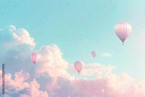 serene pastel sky with fluffy clouds and hot air balloons summer background