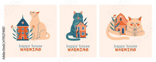 Collection of cute banners, cards with cats, who lying, sitting around cartoon houses with plants, leaves, berries. Happy House Warming. Moving to new home concept. Invitation, card, banner with text.
