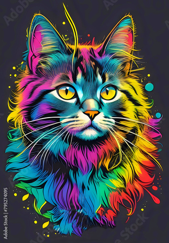 Colorful Cat Illustration on Dark Background. Striking digital illustration of a cat with a vibrant, multicolored fur pattern, ideal for modern art designs, posters, and animal-related creative projec © Yuliia