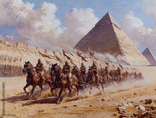 A historical painting depicts an exhilarating chariot race in ancient Egypt, with charioteers charging across the desert sands against the backdrop of majestic pyramids photo