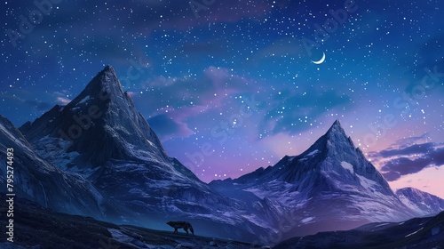 Majestic mountains rise under the vast night sky, adorned with countless stars and a luminous moon.