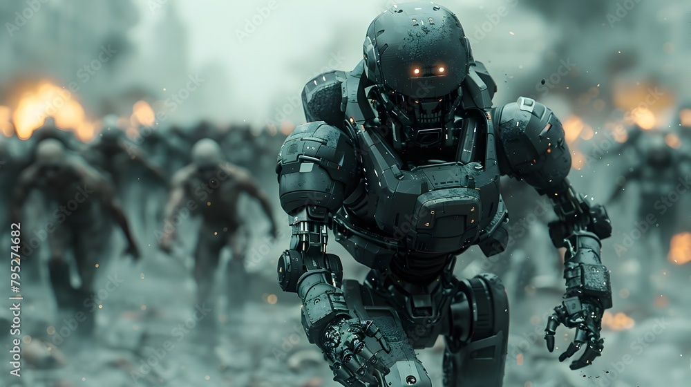 Cybernetic Warrior Charging Through Undead Horde in Gritty Post-Apocalyptic Sci-Fi Landscape Cybernetic Warrior Charging Through Undead Horde in Gritty Post-Apocalyptic Sci-Fi Landscape