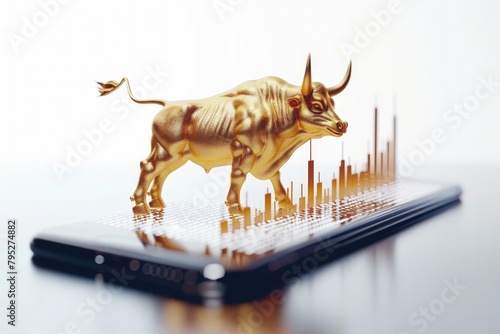 Golden bull on cell phone screen  bar graph in the background  concept of financial market  business.