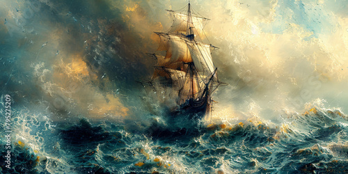 A pirate ship sails on stormy sea, #795275209