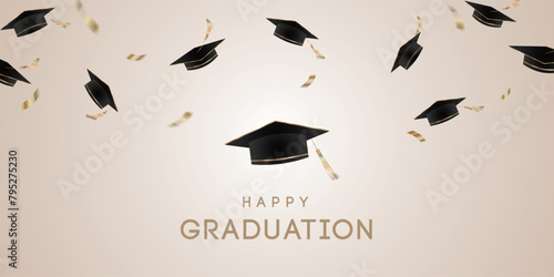 Graduation banner with flying graduation caps and confetti