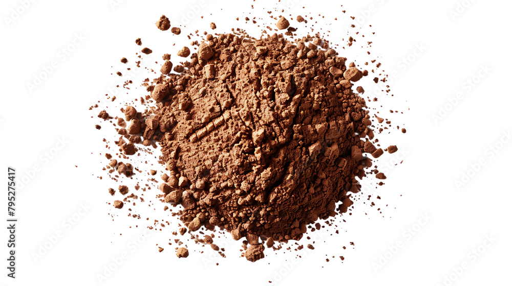 A mound of cocoa powder sits in the center of the image, scattered around it are bits of cocoa powder against a white background. A mound of cocoa powder sits in the center of the image, scattered around it are bits of cocoa powder against a white background.