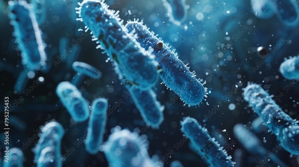 Close up of 3D microscopic blue bacteria Close up of 3D microscopic blue bacteria