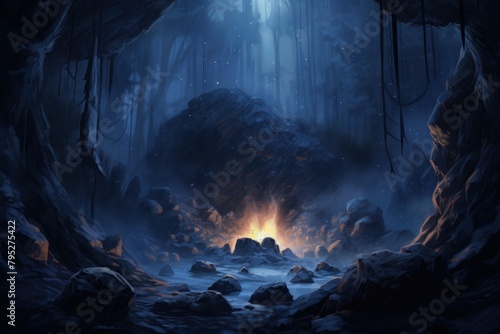Rock cave in a mystical forest with bonfire and blue fog, fantasy concept.