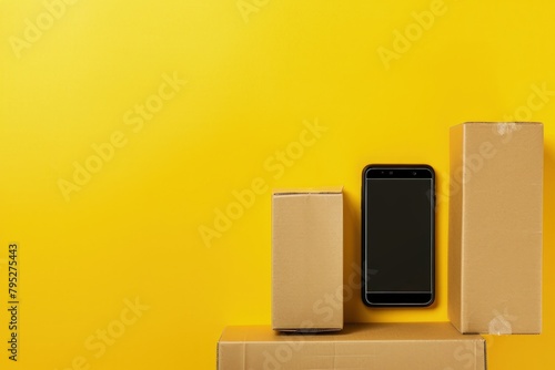 Cell phone with cardboard box, technology concept, delivery.