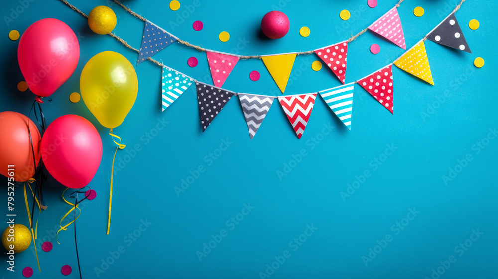 A blue background with a bunch of colorful balloons and flags. The ...