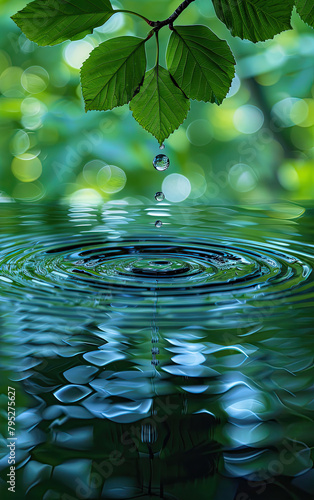 huge water ripple of a water drop from a green leaf branch  © Clemency