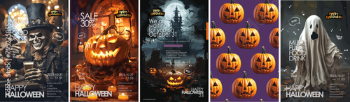 Happy Halloween. Vector illustrations of costume party, pumpkin, pattern, gloomy castle and ghost for background, poster or flyer.	
