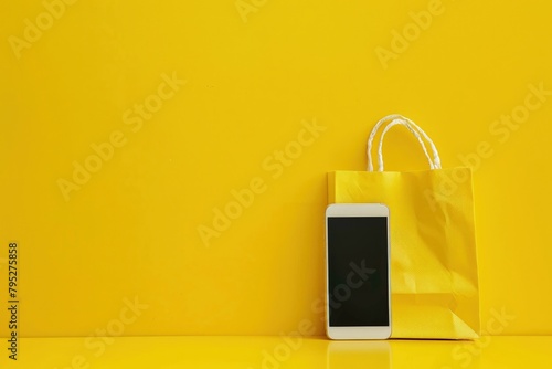 Shopping bag with cell phone, online store concept, online shopping, yellow background. photo