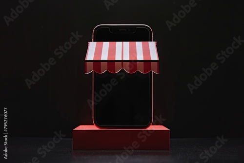 Cell phone with awning on the screen, concept of online stores, online business, and e-commerce. photo