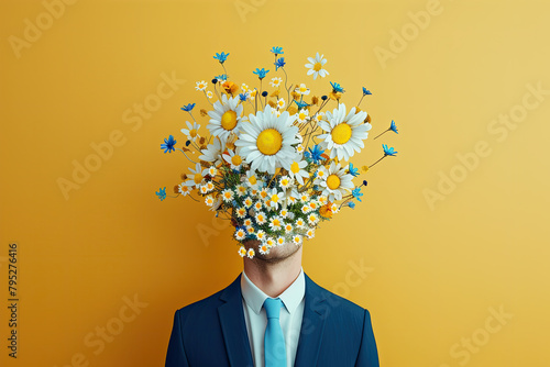 Unique portrait of a man with a flowers for a head photo