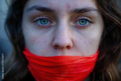 Person with a red band on his mouth, concept of censorship, freedom of expression, press.