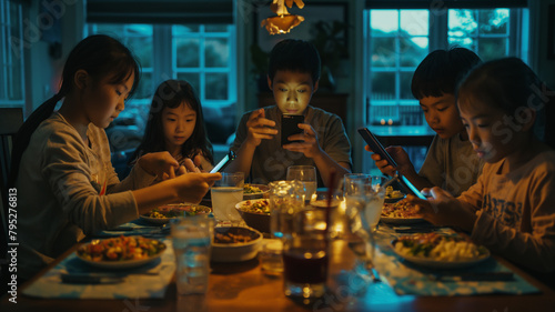 Disconnected Dining: Family Members Engrossed in Smartphones at Dinner Table, Reflecting the Influence of the Attention Economy on Modern Relationships photo