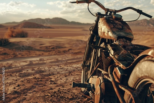 Customized old motorcycle in the desert  retro  vintage concept.