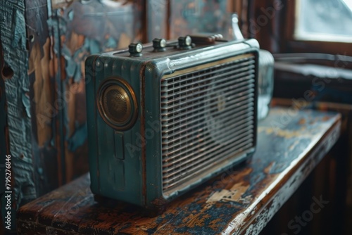 Old radio on rustic wooden table, antique, retro, vintage concept. photo