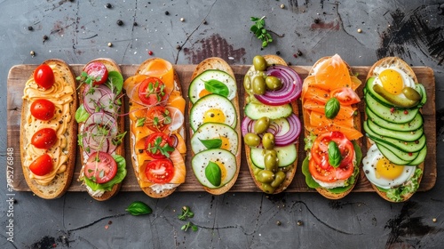 Variety of open sandwiches. Top view, flat lay.. photo