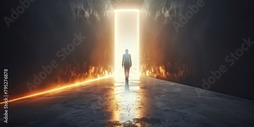A person walking towards the light, symbolizing hope and an open future. Businessman