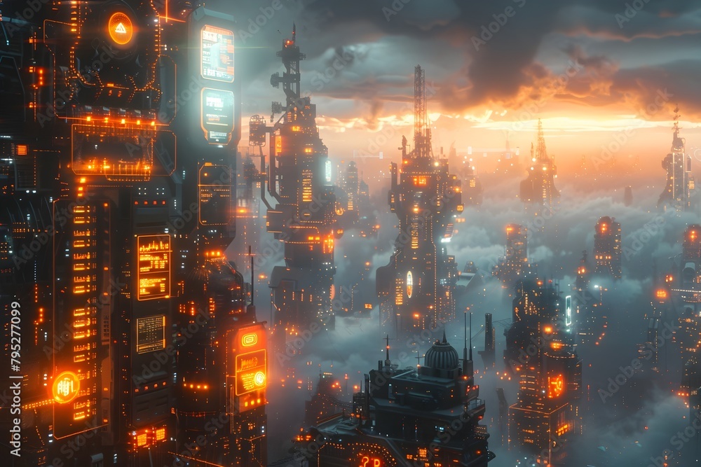 Futuristic Digital Cityscape with Floating Platforms and Pulsing Holographic Displays