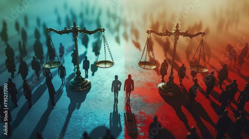 the scales of the two camps. justice, democrats and republicans, red and blue and white. different views of society, discussions and weighing of opinions and decisions © Dm